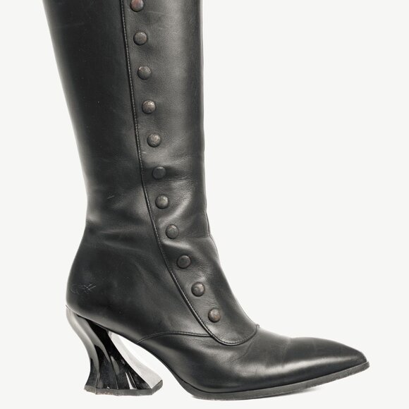 John Fluevog Lu Black Leather Tall Studded Boots - Picture 1 of 12